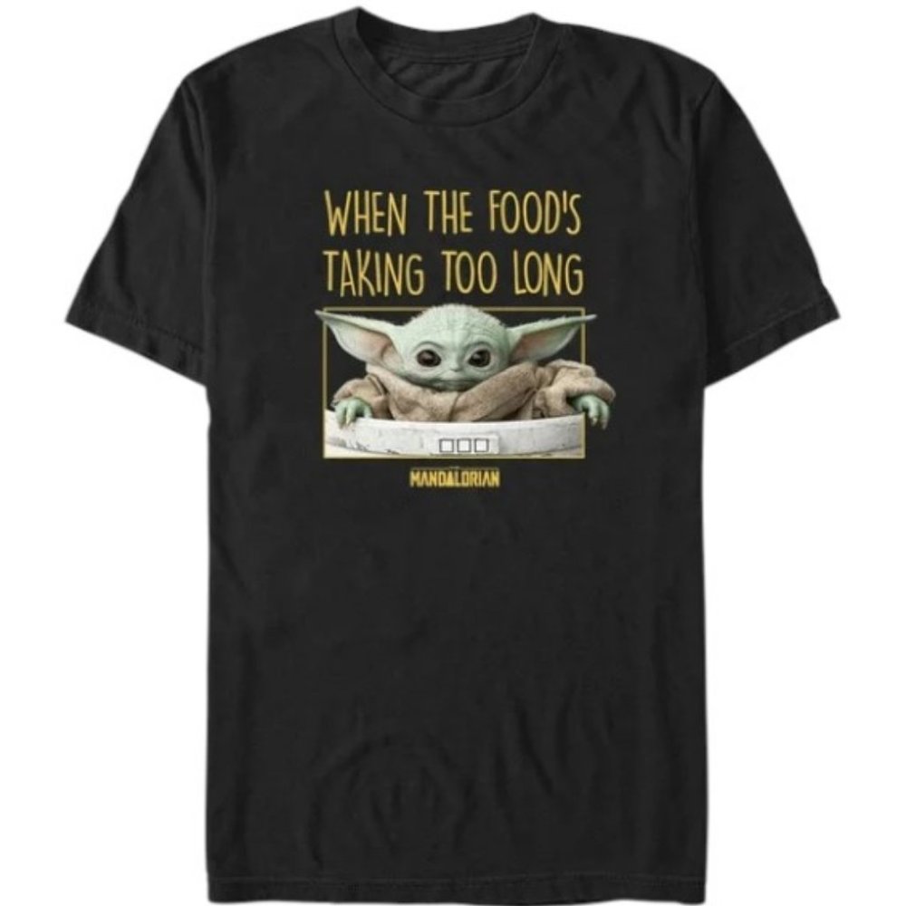 STAR WARS black Mandalorian Grogu 'When the Food's Taking Too Long' meme T-shirt